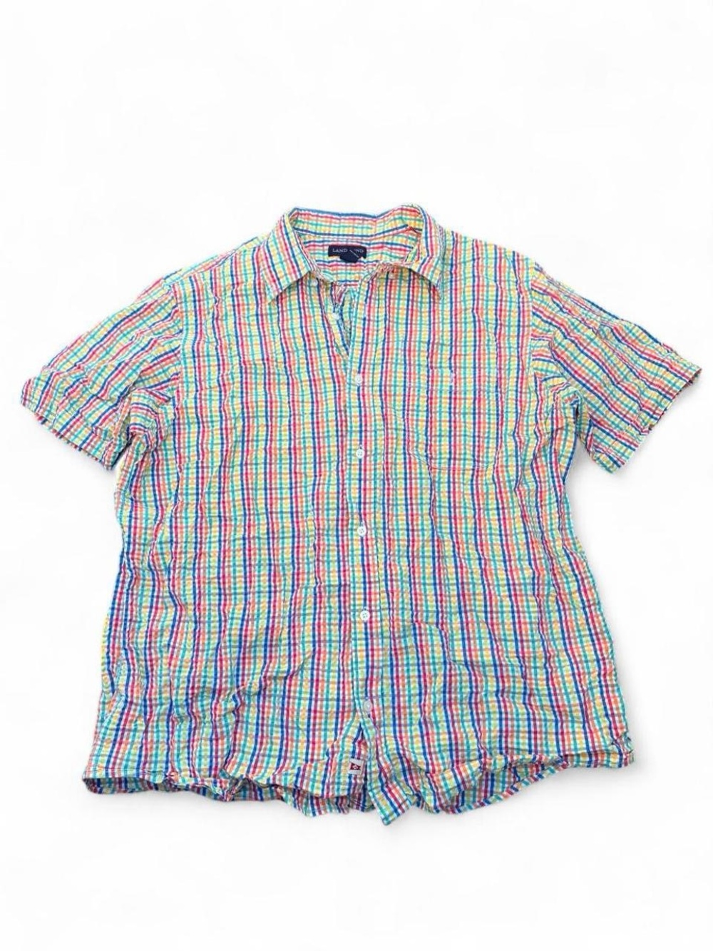 Lands’ End Rainbow Plaid Seersucker Button-Up – Women’s L